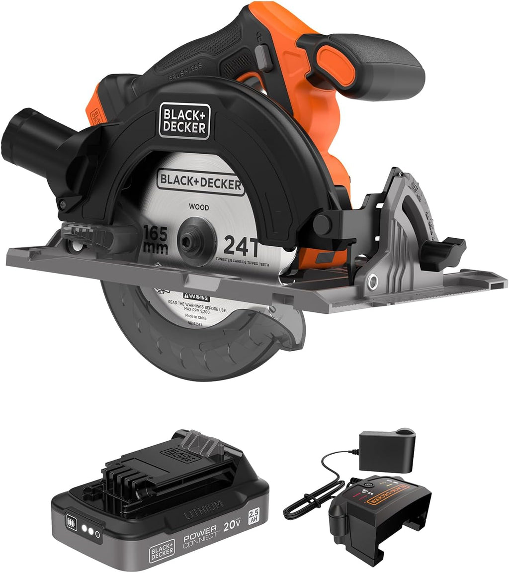 BLACK+DECKER Circular Saw 20V MAX, 6-1/2 in. Brushless Circular Saw Cordless Kit with 2.5Ah Battery and Charger, 24T Blade for Wood, Up to 165 Cuts Per Charge, LED Light, PowerConnect (BLCS78E1)