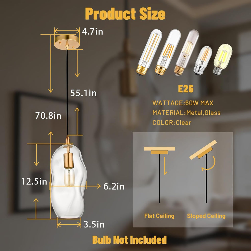 Pendant Light Fixtures 12.5'' Height Adjustable Modern Kitchen Island Lighting Glass Organic Ceiling Hanging Light Fixtures for Bar, Counter, Patio, over Sink, Dining Room, Table - Transparent
