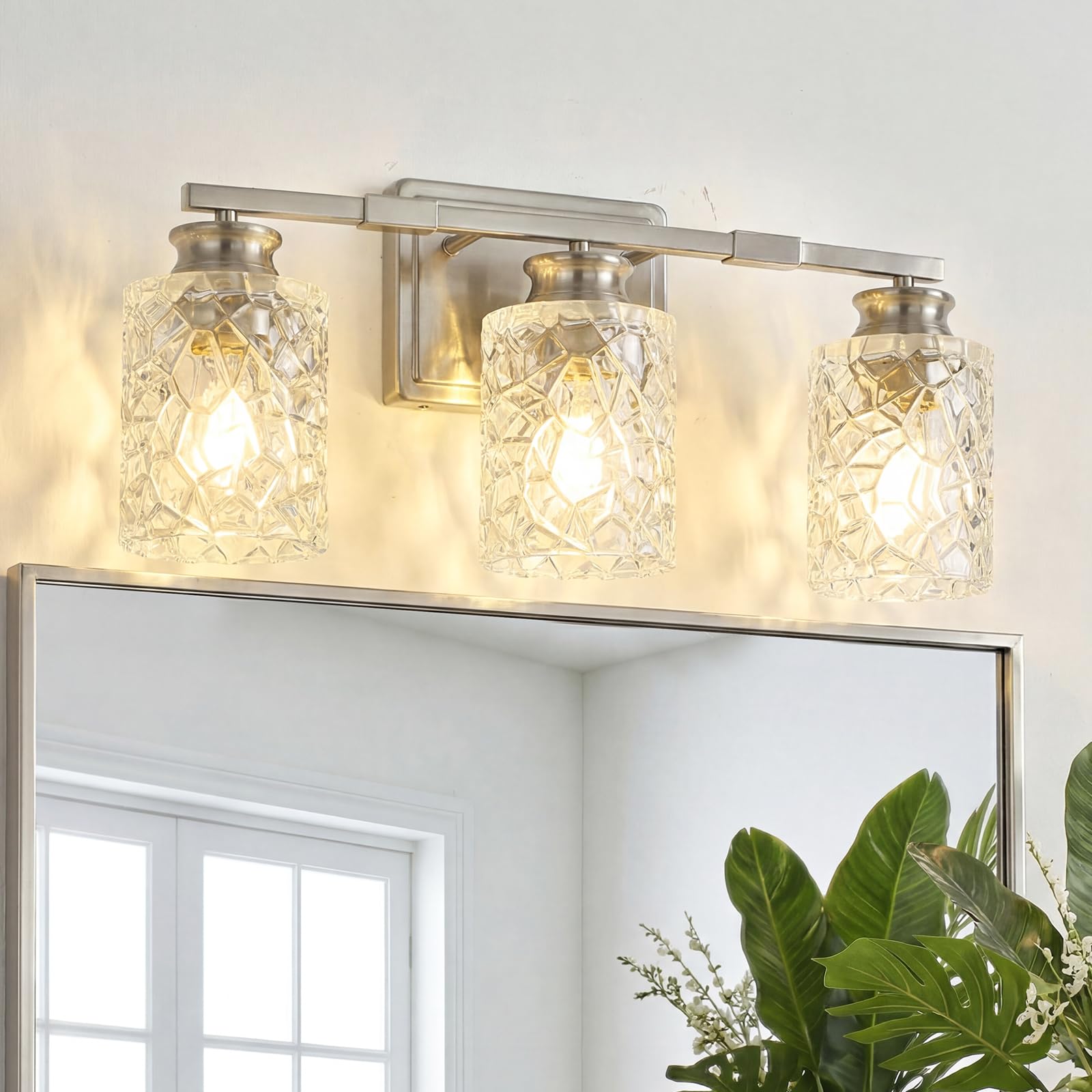 2-Light Brushed Nickel Bathroom Light Fixture | Geometric Crackled Glass Farmhouse Bathroom Lighting for Living Room Bedroom Sink Over Mirror