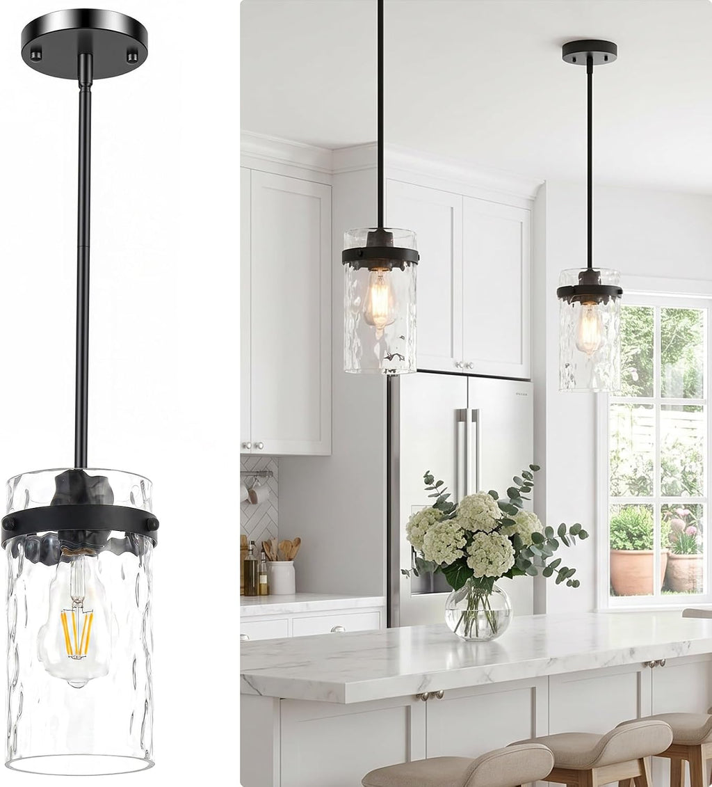 Refice Pendant Lights Kitchen Island, Black Hanging Lighting with Hammered Glass, Modern Mini Pendant Light Fixture for Dining Room Bedroom, 1 Pack