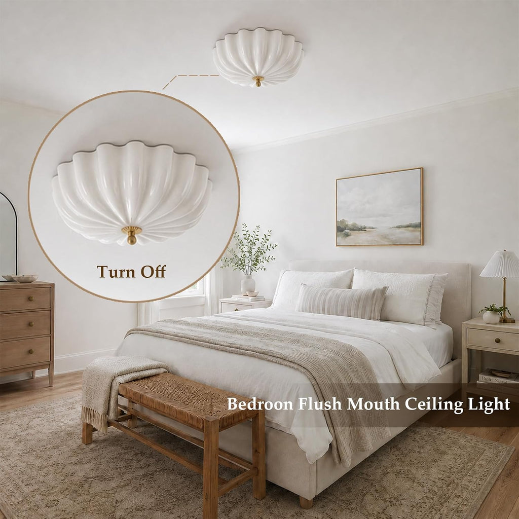 Gold Flush Mount Ceiling Light - 16″ Dimmable LED Milk Glass Light Fixture | Handcrafted Opal Glass and Solid Brass Light with Remote Control - A Luxury Choice for Bedroom Hallway Schoolhouse and Foyer