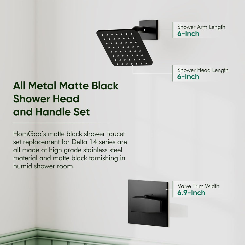 Replacement for Delta Shower Trim Kit 14 Series Matte Black | Shower Faucet Set, High Pressure 6-Inch Black Shower Head and Handle Set, Valve/Cartridge Not Included