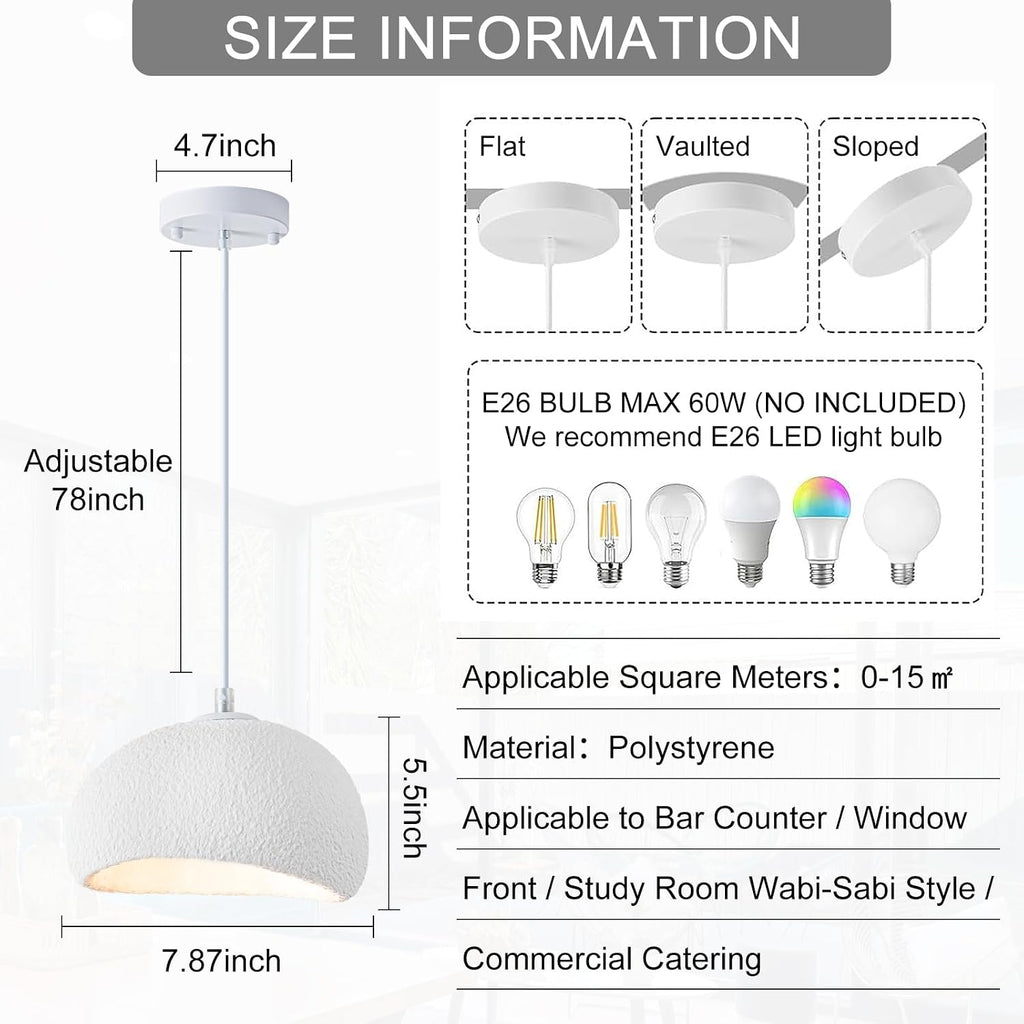 Wabi Sabi Pendant Light Oval, 7.87in Small Japanese Ceiling Fixture for Bedroom Bedside Entryway Hallway Kitchen, Minimalist Japandi Hanging Lamp White E26 Base (20cm/7.87in)