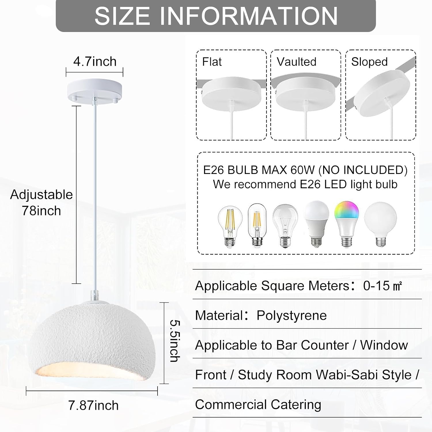 Wabi Sabi Pendant Light Oval, 7.87in Small Japanese Ceiling Fixture for Bedroom Bedside Entryway Hallway Kitchen, Minimalist Japandi Hanging Lamp White E26 Base (20cm/7.87in)
