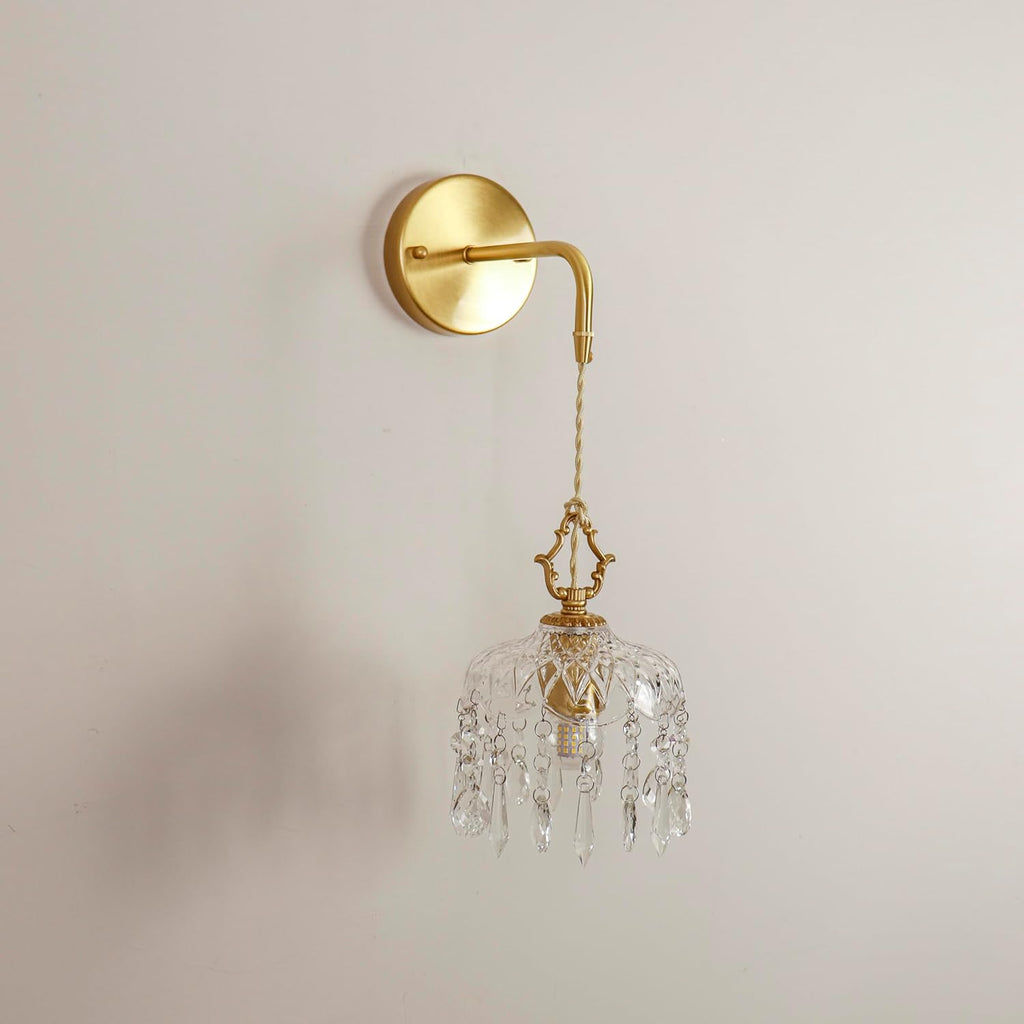 Vintage Crystal Wall Sconce, Brass Finish Pendant Light Fixture with Hanging Crystals, Elegant Diamond Cut Glass Shade (1, S)