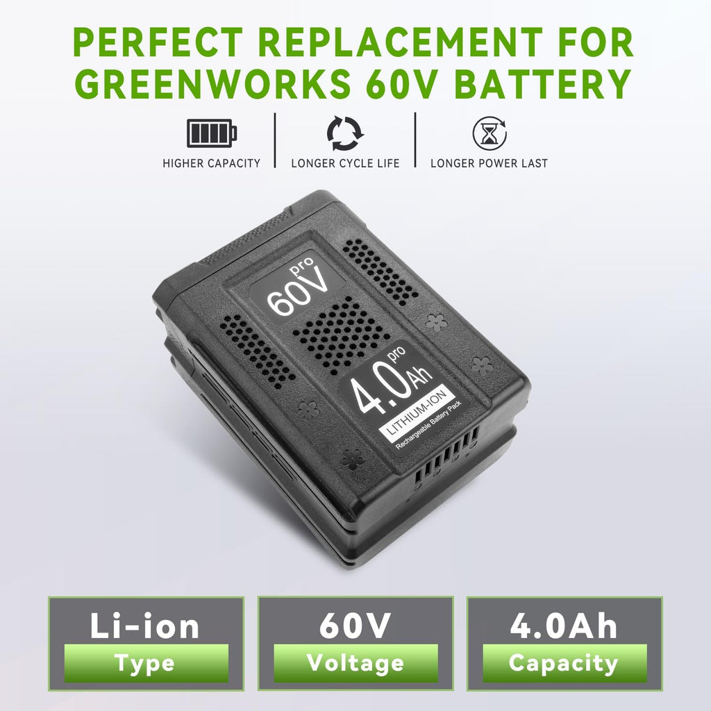 60V 4.0Ah Replacement for Greenworks Pro 60V Battery LB60A00 LB60A01 LB60A02 LB60A03, Compatible with 75+ Greenworks 60Volt LB602 LB6025 LB604 LB6041 LB6042 LB6051 LB6080 LLB608-NS Cordless Power Tool