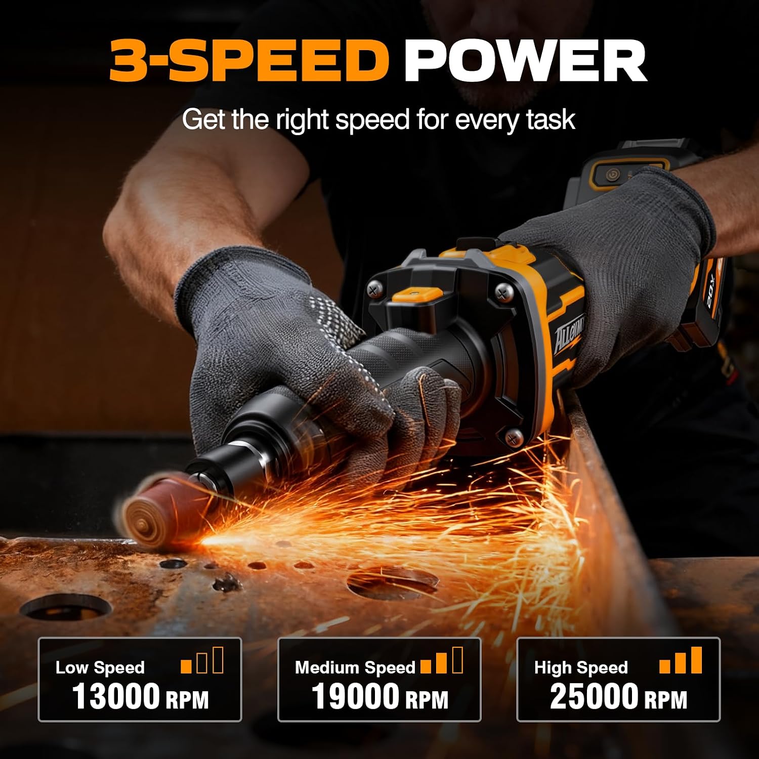 Alloyman 20V Cordless Die Grinder, 3-Speed 13000/19000/25000RPM Brushless Motor, 1/4" Collet, 2x4.0Ah Lithium Batteries & Fast Charger, for Metal/Wood/Plastic Grinding, Cutting, Polishing, Sanding