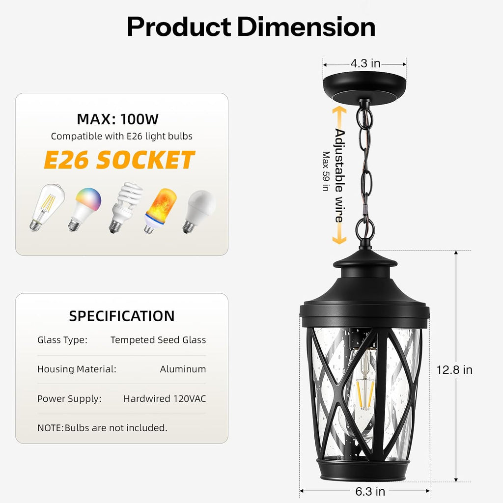 VIANIS Outdoor Hanging Lights, Black Outside Pendant Light with Adjustable Chain, Anti-rust Front Porch Ceiling Light, Waterproof Hanging Light Fixtures, Outdoor Chandelier for Gazebo, Patio, Entryway