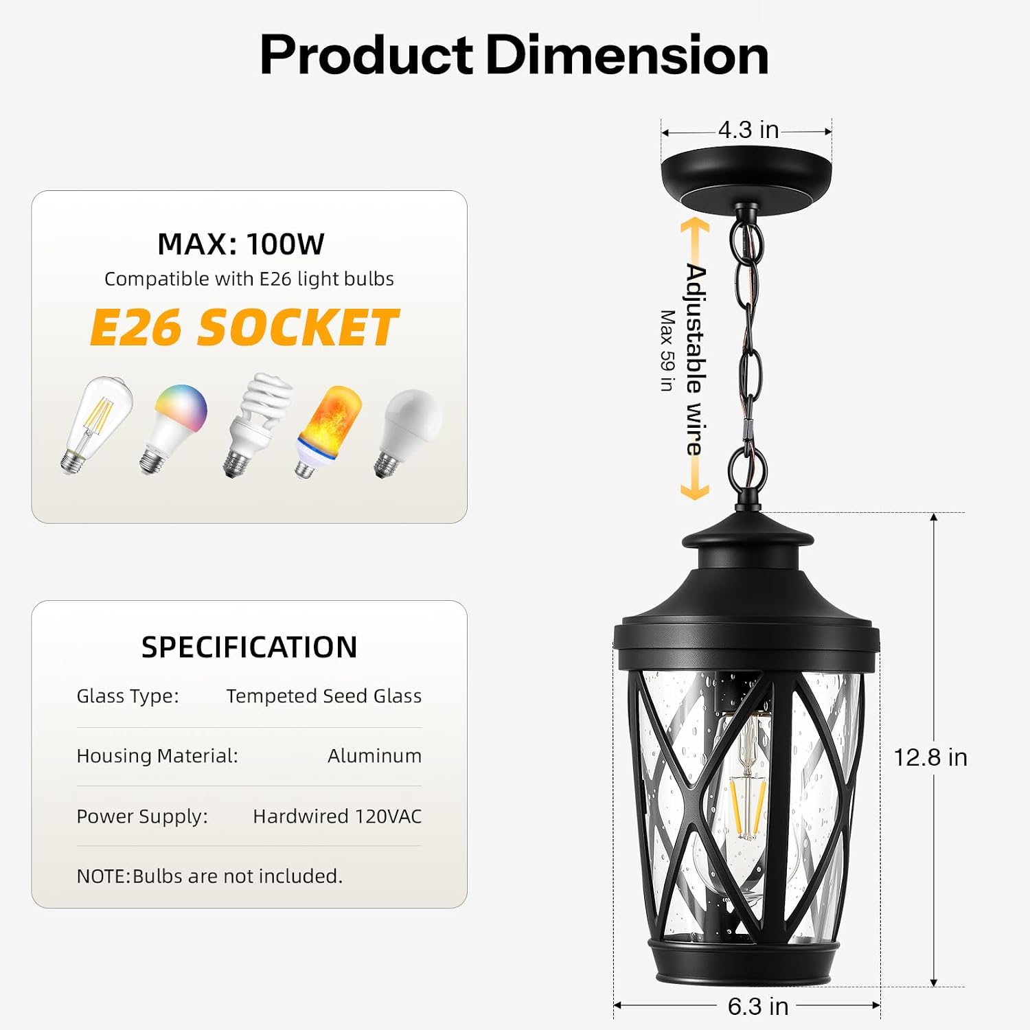 VIANIS Outdoor Hanging Lights, Black Outside Pendant Light with Adjustable Chain, Anti-rust Front Porch Ceiling Light, Waterproof Hanging Light Fixtures, Outdoor Chandelier for Gazebo, Patio, Entryway