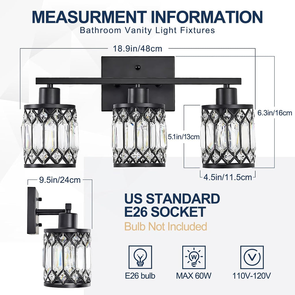 Crystal Modern Bathroom Light Fixtures, 3-Light Black Bathroom Vanity Wall Light, Vanity Lights for Mirror, Restroom, Bedroom (E26 Socket, Bulbs Not Included)