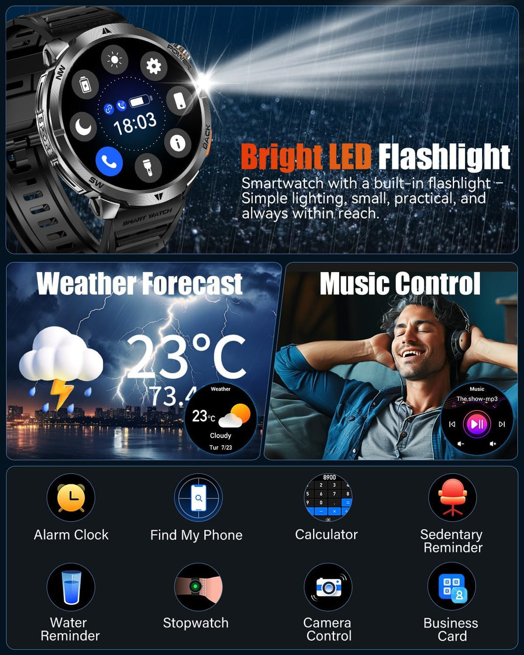 Military Smart Watch for Men, 1.6" AMOLED Screen, Health Monitoring, Sleep Tracker, Fitness smart Watch for Android/iOS