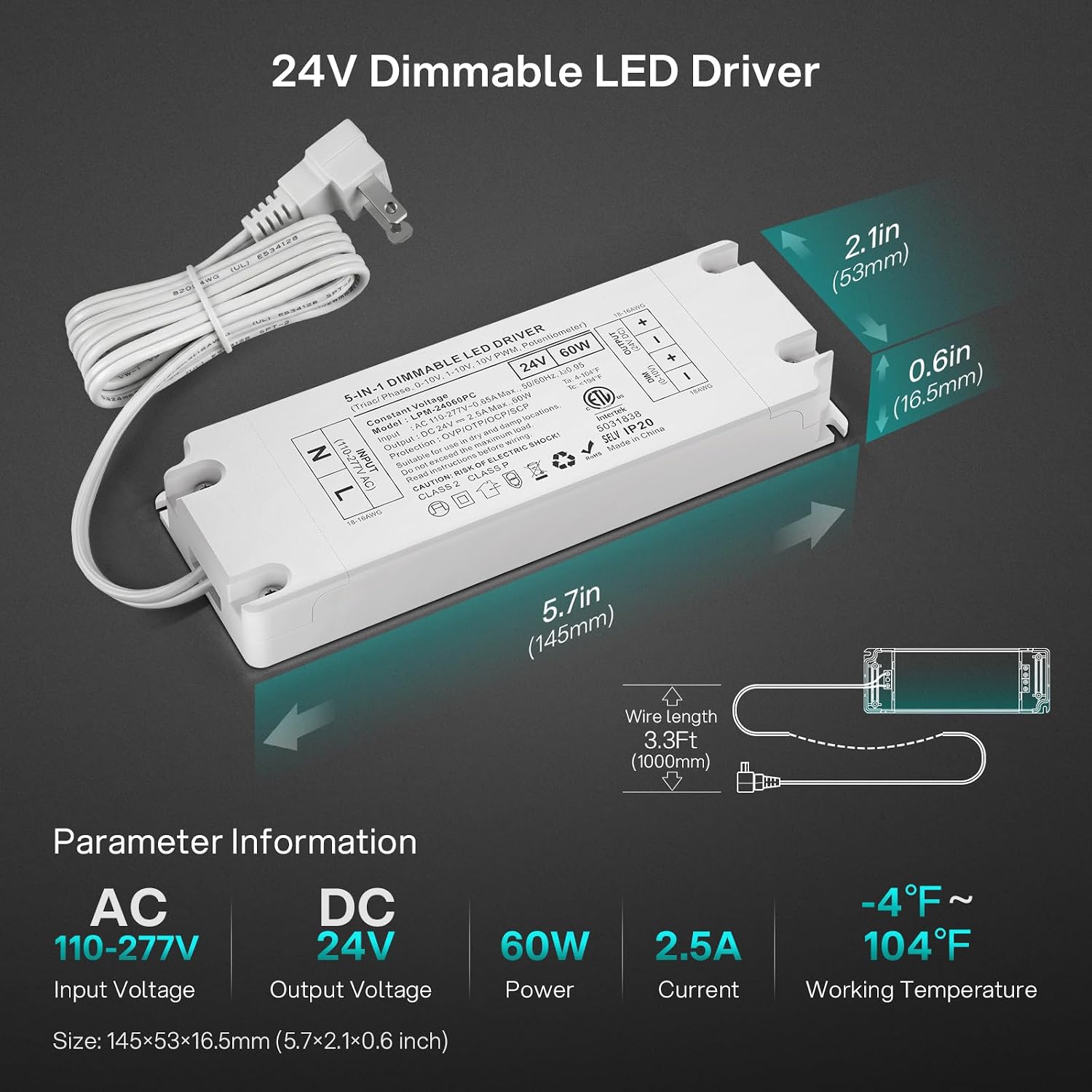 24V 60W 5-in-1 Dimmable LED Driver, 24V Dimmable Transformer ETL Certified | TRIAC/MLV/ELV/0-10V/1-10V/10V PWM/Potentiometer Control, IP20 Indoor Constant Voltage Power Supply for LED Lighting