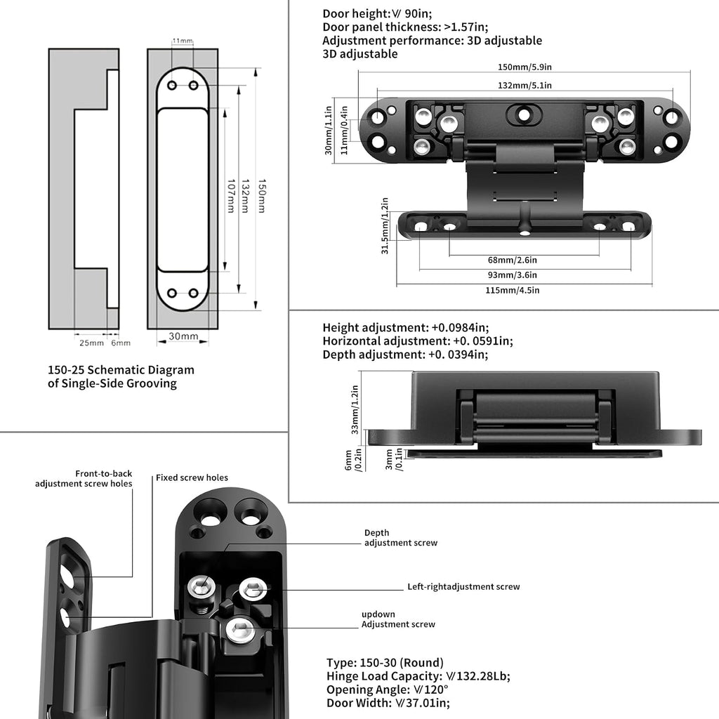 6 Inch Hidden Door Hinge Heavy Duty 3 Way Adjustable Invisible Hinges | 2pack Black 120 Degree Swing Zinc Alloy Silent Butt Concealed Hinge for Secret Room Bookcase Bookshelf Wood Door