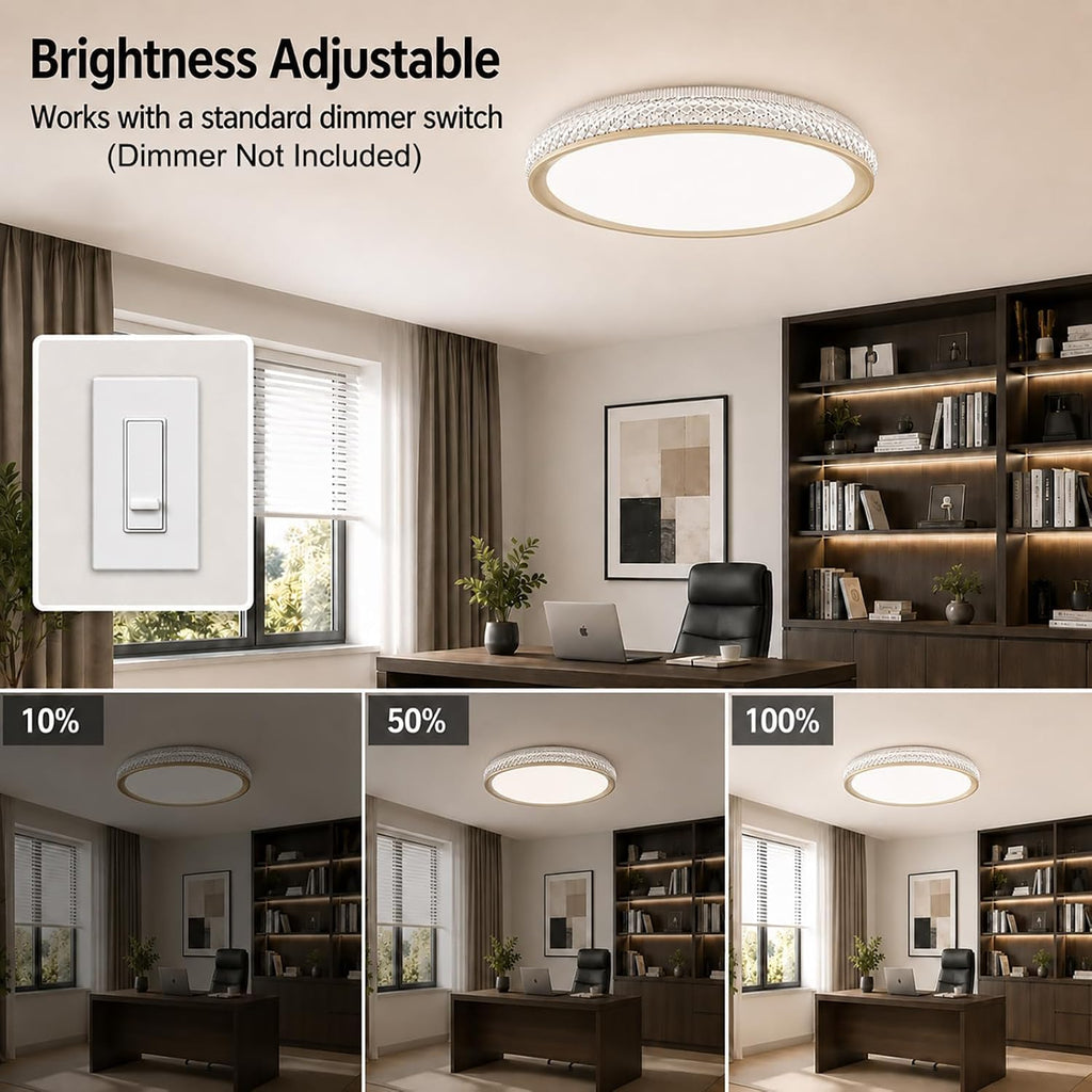 LED Flush Mount Ceiling Light, 38W 3800LM Dimmable, 15 in Low Profile, Gold | 2700K-5000K 5 Color Selectable, CRI 90+, Modern Round Close to Ceiling Light Fixtures for Kitchen Bedroom Bathroom Hallway