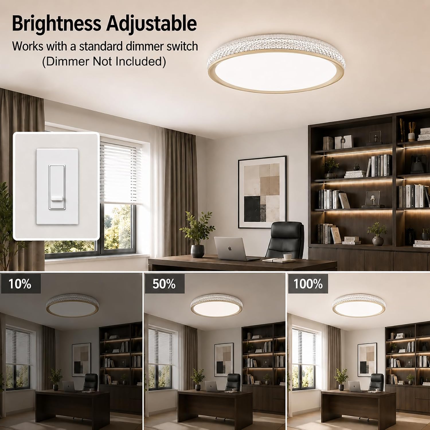 LED Flush Mount Ceiling Light, 38W 3800LM Dimmable, 15 in Low Profile, Gold | 2700K-5000K 5 Color Selectable, CRI 90+, Modern Round Close to Ceiling Light Fixtures for Kitchen Bedroom Bathroom Hallway
