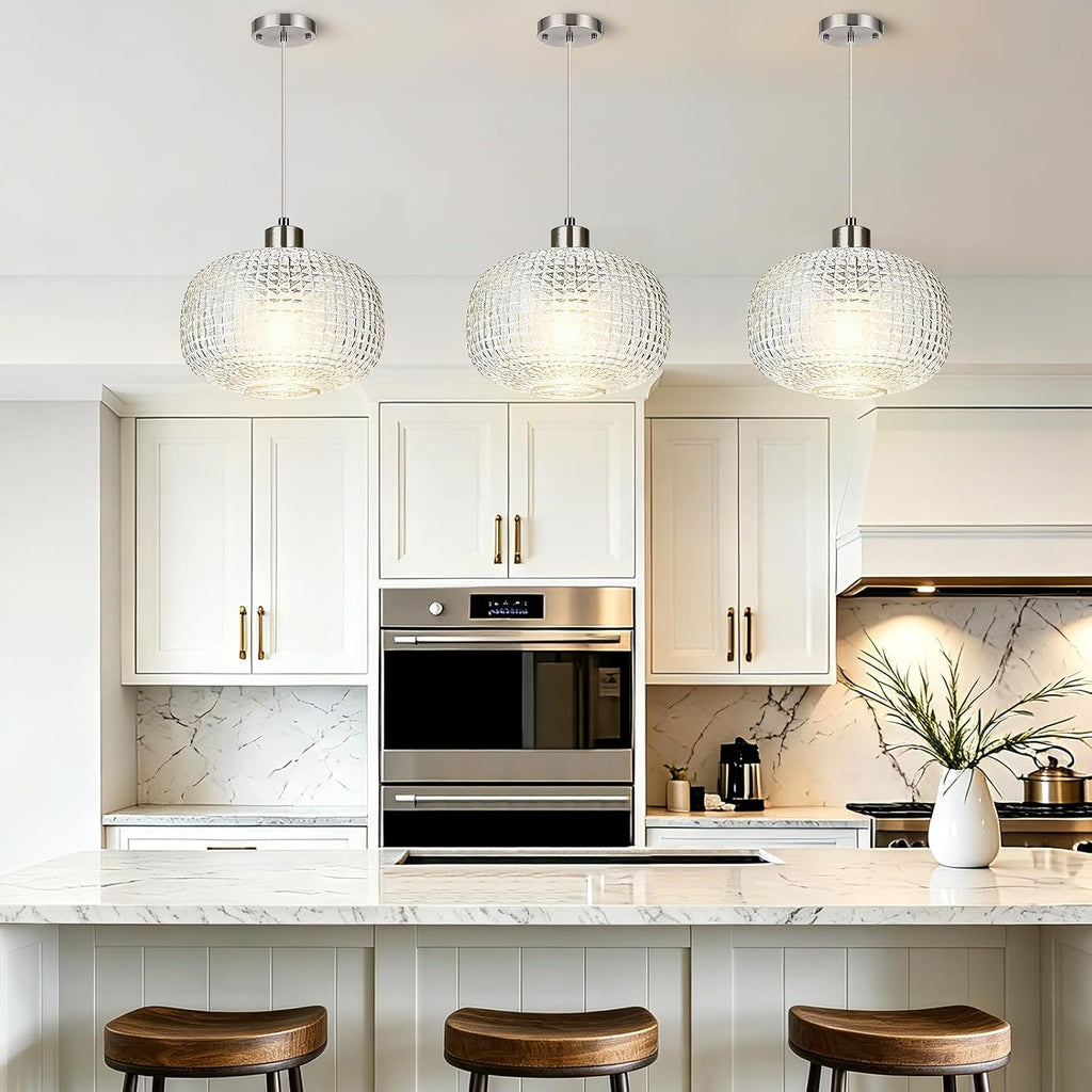 Glass Pendant Lights Kitchen Island 10" Glass Pendant Light 1 Pack | Clear Hammered Glass Shade,Brushed Nickel Metal, Adjustable Height,Island Light for Dining Room Bedroom Entryway