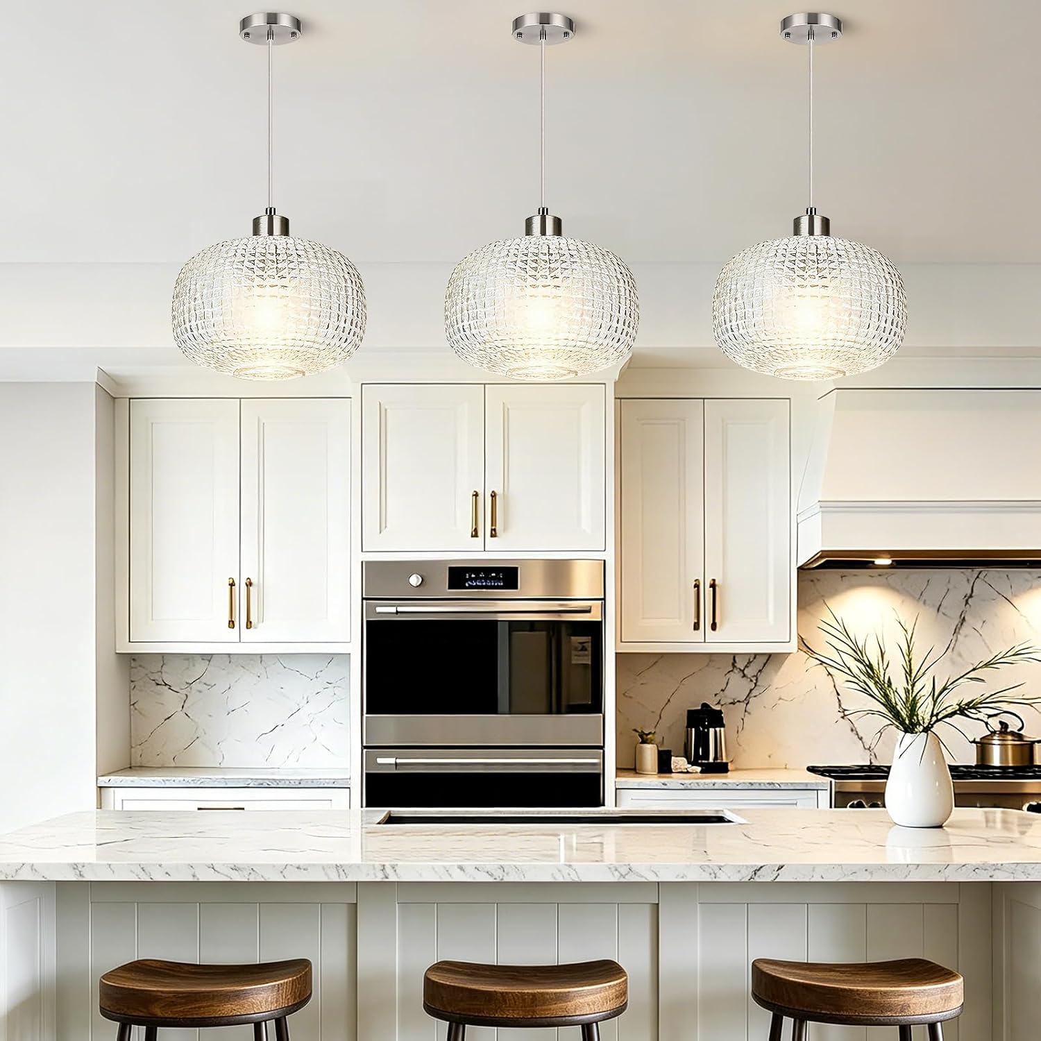 Glass Pendant Lights Kitchen Island 10" Glass Pendant Light 1 Pack | Clear Hammered Glass Shade,Brushed Nickel Metal, Adjustable Height,Island Light for Dining Room Bedroom Entryway