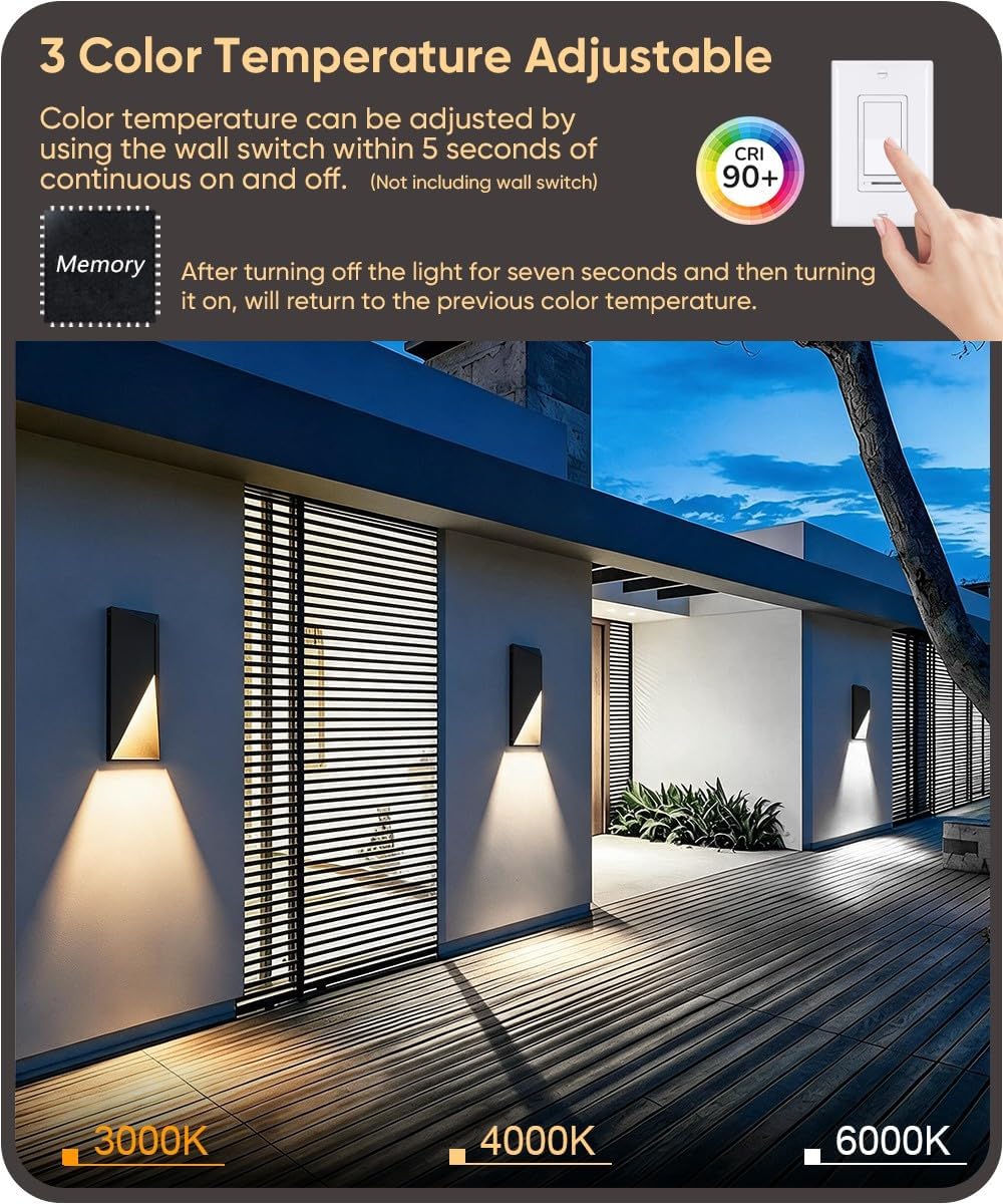 Aipsun 3CCT Black LED Outdoor Wall Light 2 Packs, IP65 Waterproof Exterior Modern Porch Light