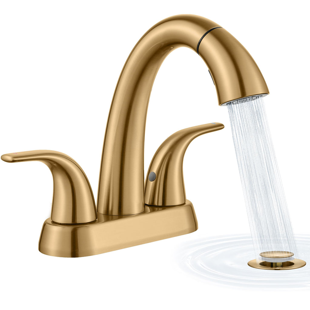 Ultimate Unicorn Pull Down Bathroom Sink Faucet, Brushed Nickel 4 Inch | Anti-Splash, Centerset Vanity Faucets 3 Hole with Pop Up Drain, Two Handle Modern Washbasin Tap Set with Sprayer for Restroom