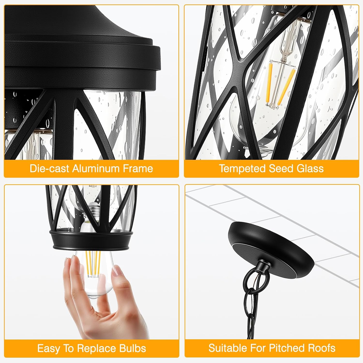 VIANIS Outdoor Hanging Lights, Black Outside Pendant Light with Adjustable Chain, Anti-rust Front Porch Ceiling Light, Waterproof Hanging Light Fixtures, Outdoor Chandelier for Gazebo, Patio, Entryway