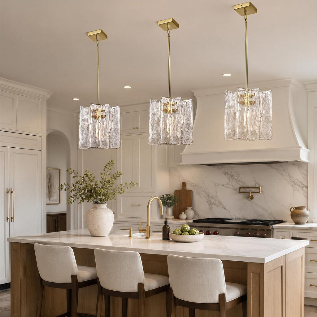 Modern Large Brass Water Ripple Glass Kitchen Pendant Light Fixtures, Gold 12 in Island Pendant Lights,Hanging Island Lights,for Bedroom, Foyer, Entryway,Dining, Bulbs Included