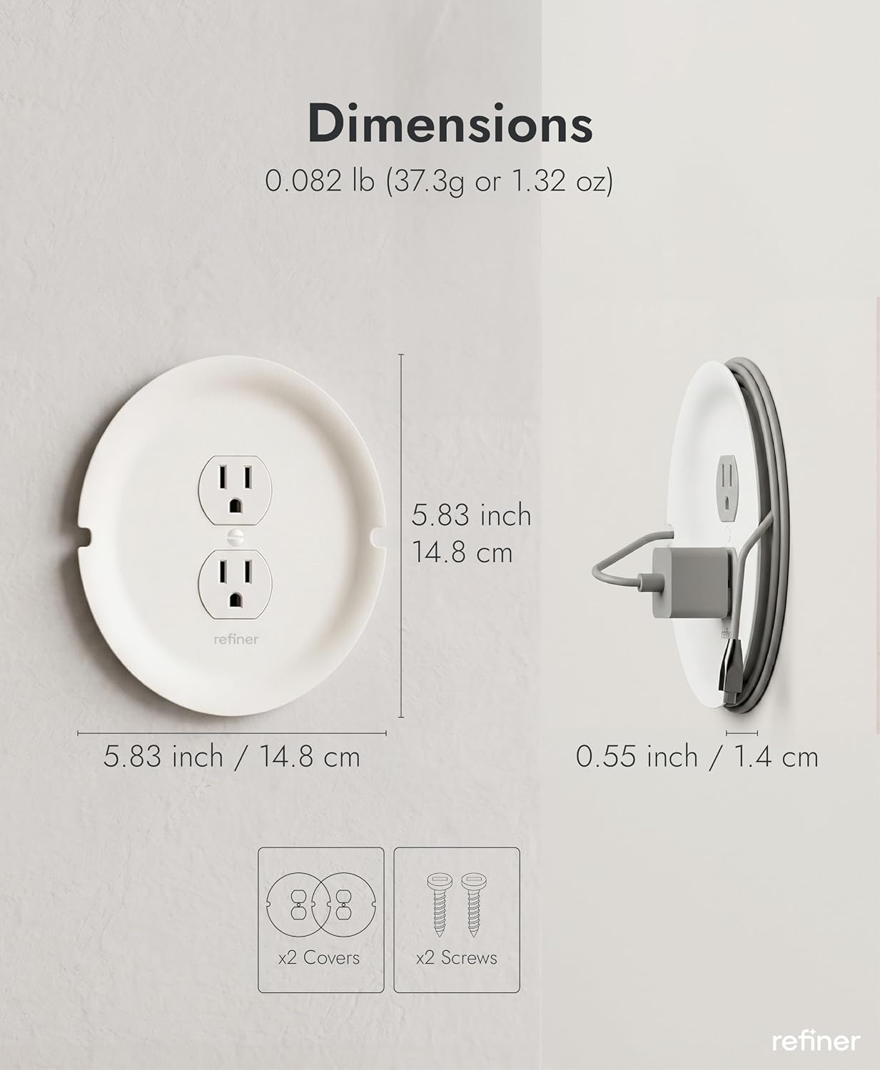 Refiner Cable Management Outlet Covers with Cord Hider Wall Plate, 2-Pack | Outlet Cover with Built-in Cable Storage Cavity | Cord Hider Conceals Messy Wires for Desk, Bedside, Kitchen Counter