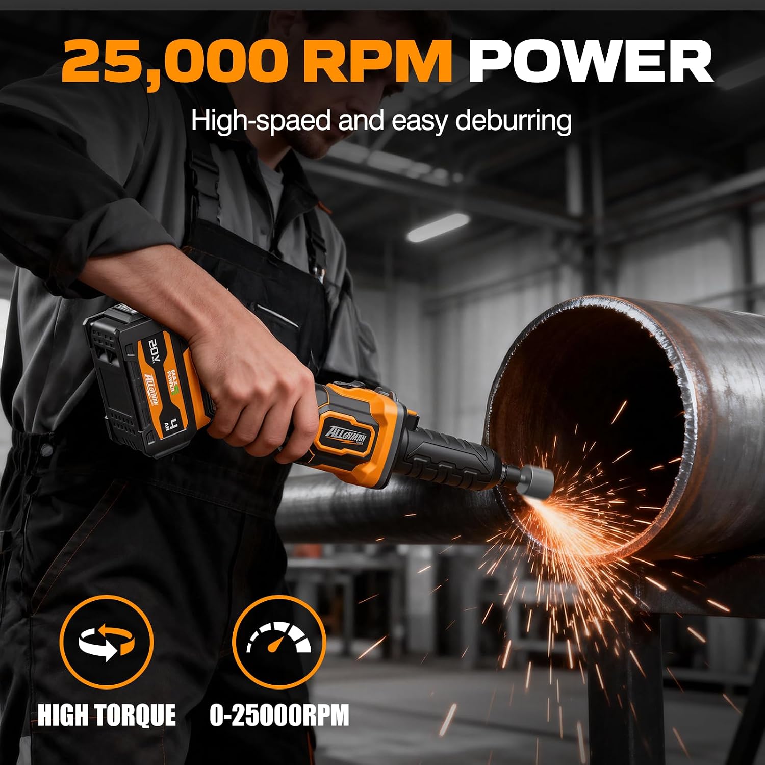 Alloyman 20V Cordless Die Grinder, 3-Speed 13000/19000/25000RPM Brushless Motor, 1/4" Collet, 2x4.0Ah Lithium Batteries & Fast Charger, for Metal/Wood/Plastic Grinding, Cutting, Polishing, Sanding