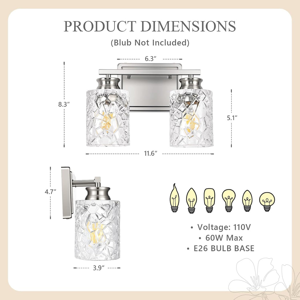2-Light Brushed Nickel Bathroom Light Fixture | Geometric Crackled Glass Farmhouse Bathroom Lighting for Living Room Bedroom Sink Over Mirror