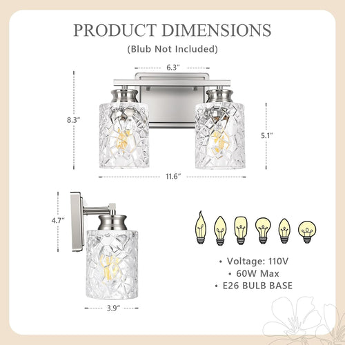 2-Light Brushed Nickel Bathroom Light Fixture | Geometric Crackled Glass Farmhouse Bathroom Lighting for Living Room Bedroom Sink Over Mirror