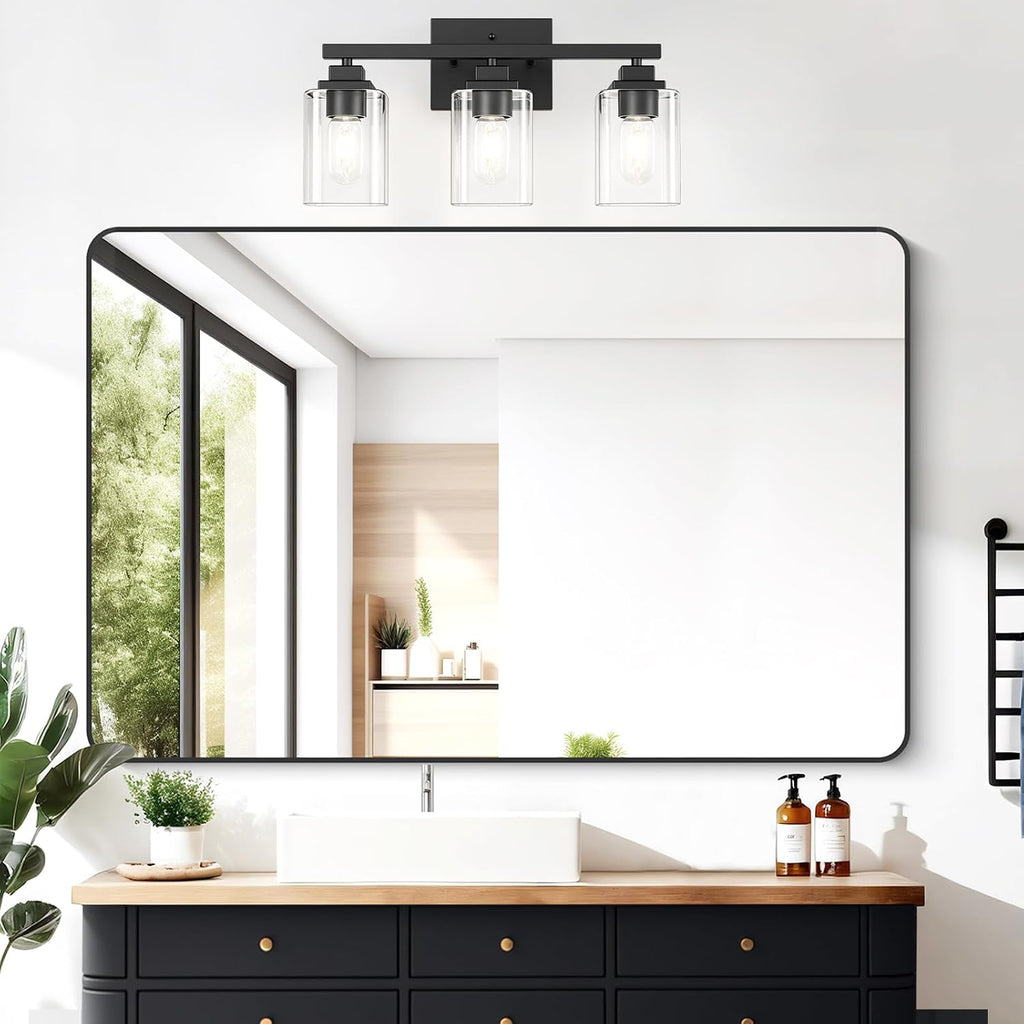 Matte Black Bathroom Vanity Light, 3-Light Modern Vanity Lighting Fixtures Over Mirror with Clear Glass Shade,Square Design,Wall Sconces for Living Room Cabinet Bedroom,E26 Socket