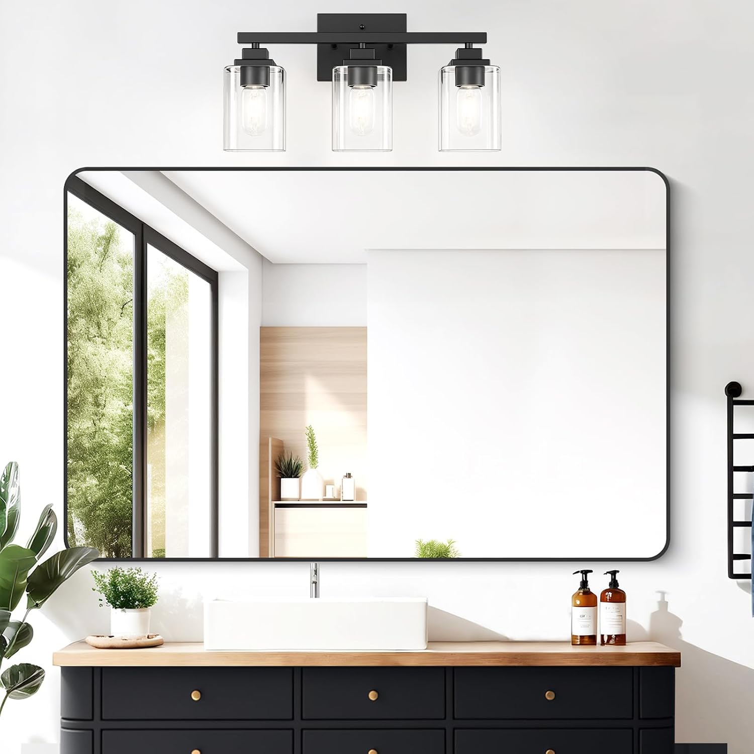Matte Black Bathroom Vanity Light, 3-Light Modern Vanity Lighting Fixtures Over Mirror with Clear Glass Shade,Square Design,Wall Sconces for Living Room Cabinet Bedroom,E26 Socket