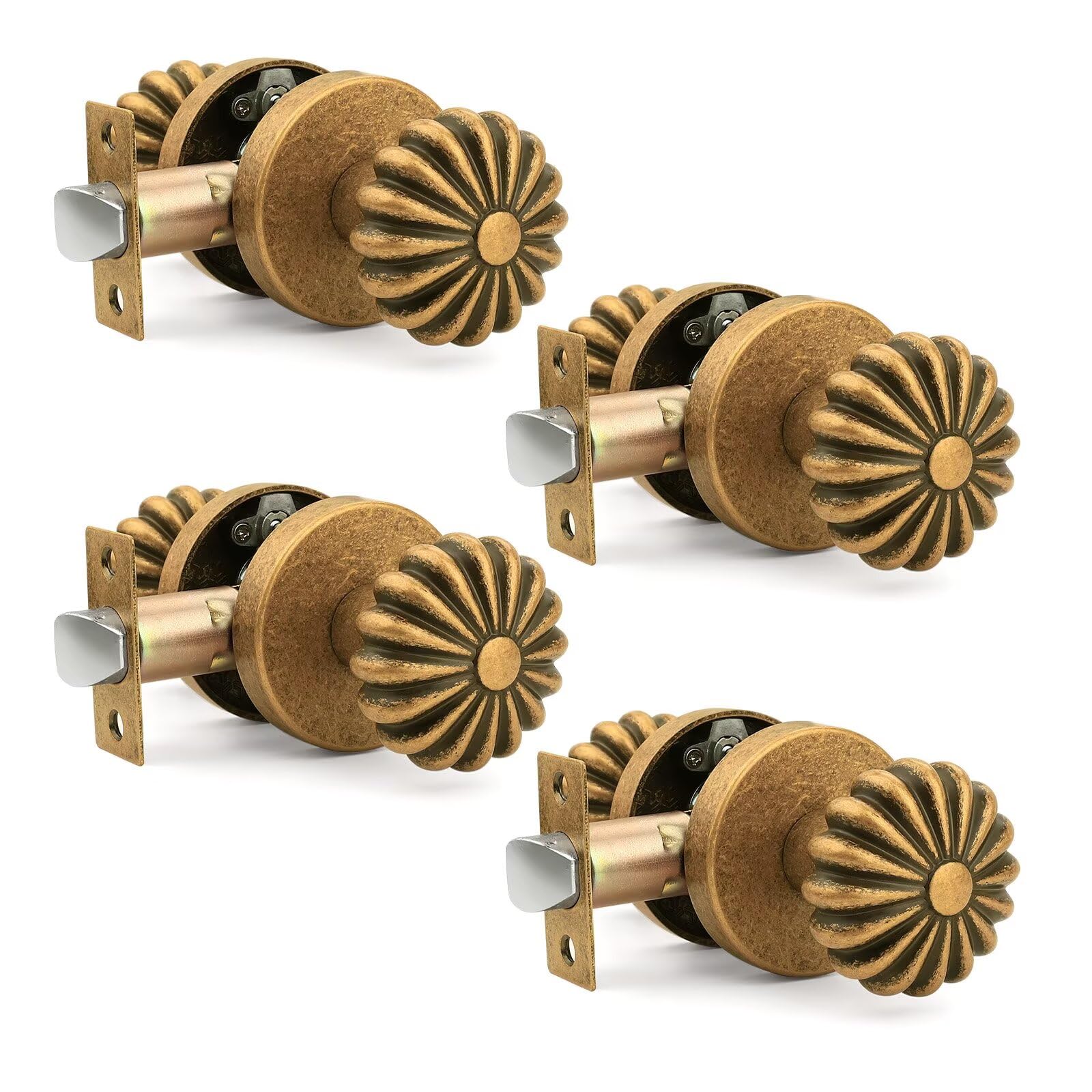1 Pack Aged Brass Passage Door Knob, Interior Closet Door Knob Without Lock, Vintage Floral Antique Brass Doorknobs