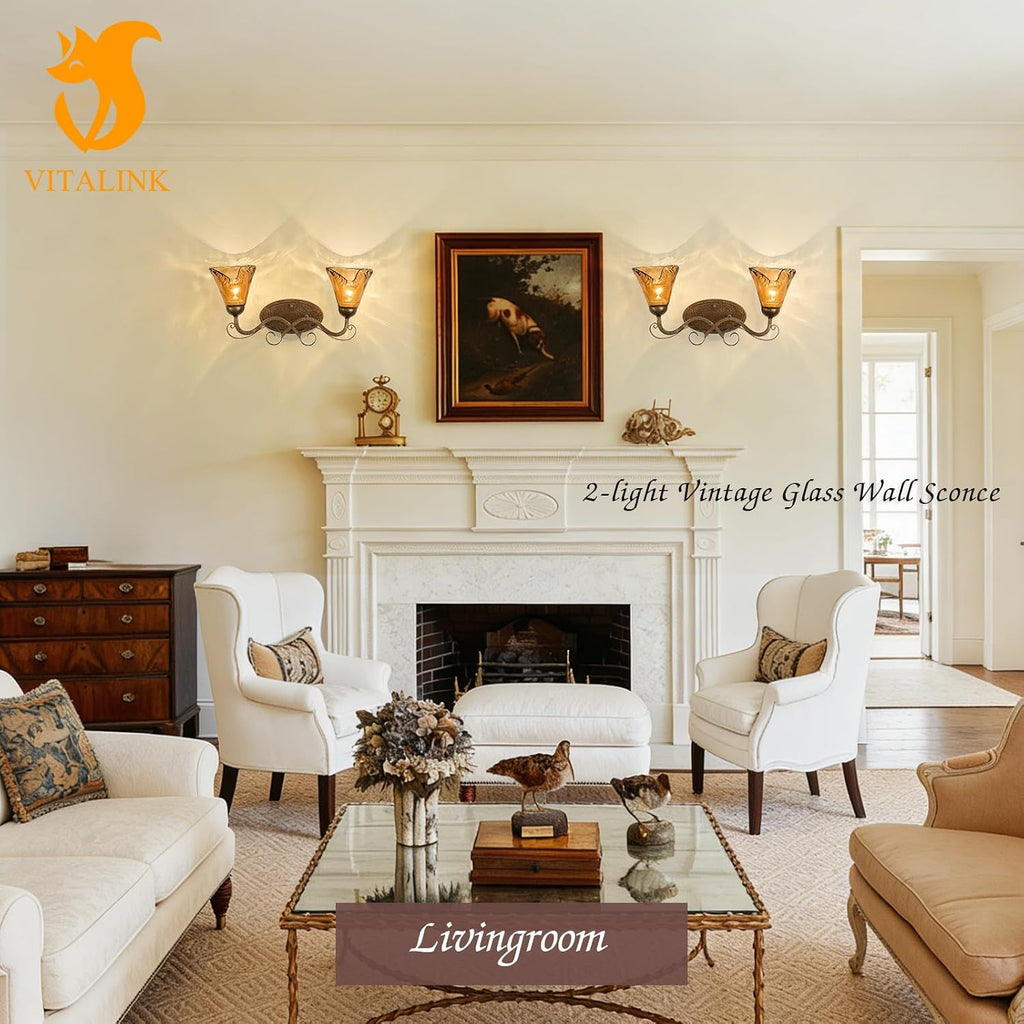 VitaLink Antique Wall Sconces, 2-Light Vanity Light 19.7" Vintage Wall Lamp Hardwired Wall Lighting Fixtures for Bathroom Living Room Bedroom Hallway