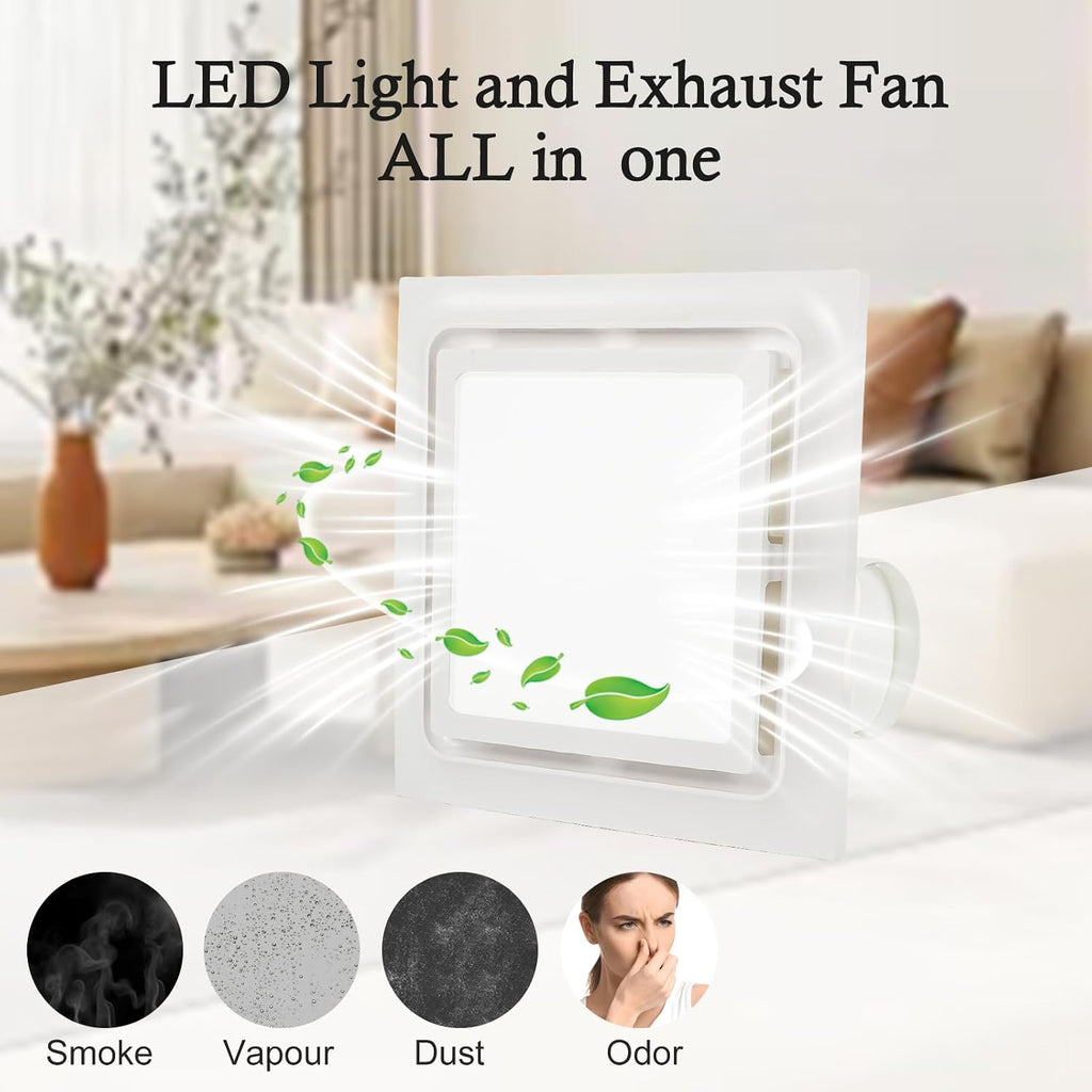 Bathroom Exhaust Fan with LED Light 125 CFM, 9.5" Panel, 0.7 Sone Low Noise，Cutout Size 8"x8"，Duct 4 Inch Quiet Bath Ceiling Vent Fan Combo with 6500K 1200LM LED Light, for Bathroom, Laundry, Shower
