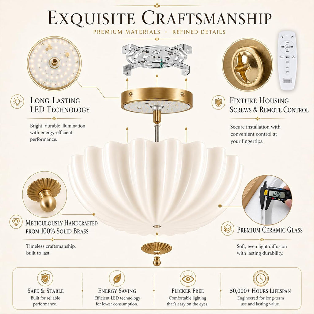 Gold Flush Mount Ceiling Light - 16″ Dimmable LED Milk Glass Light Fixture | Handcrafted Opal Glass and Solid Brass Light with Remote Control - A Luxury Choice for Bedroom Hallway Schoolhouse and Foyer