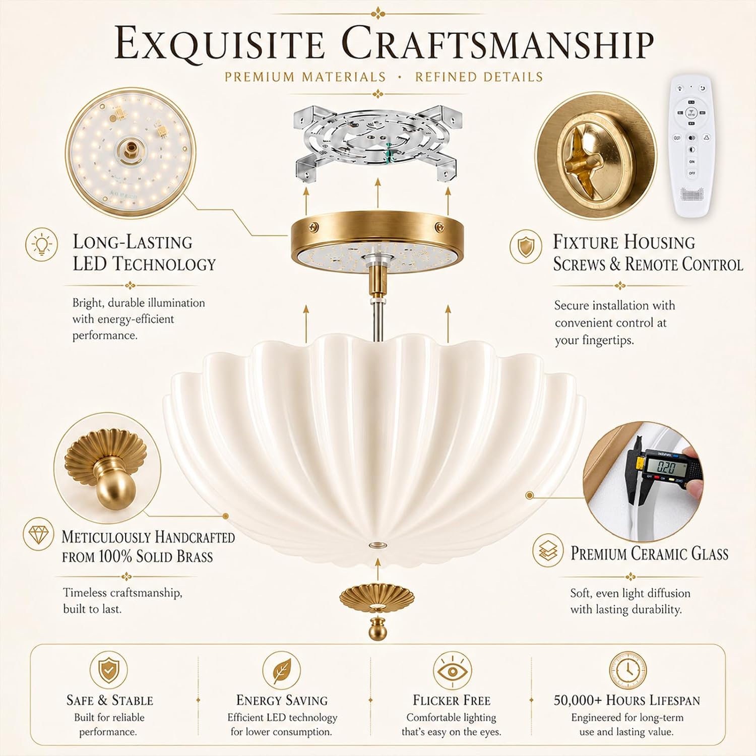 Gold Flush Mount Ceiling Light - 16″ Dimmable LED Milk Glass Light Fixture | Handcrafted Opal Glass and Solid Brass Light with Remote Control - A Luxury Choice for Bedroom Hallway Schoolhouse and Foyer