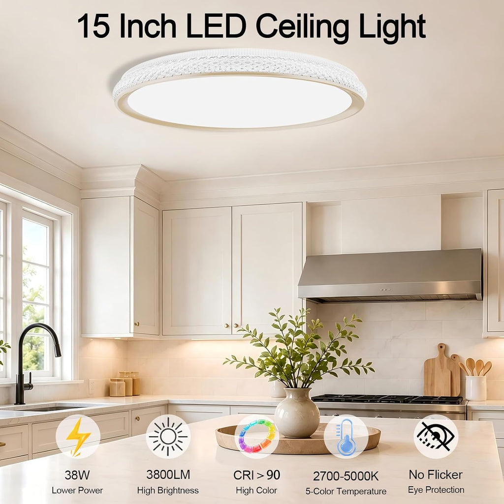 LED Flush Mount Ceiling Light, 38W 3800LM Dimmable, 15 in Low Profile, Gold | 2700K-5000K 5 Color Selectable, CRI 90+, Modern Round Close to Ceiling Light Fixtures for Kitchen Bedroom Bathroom Hallway