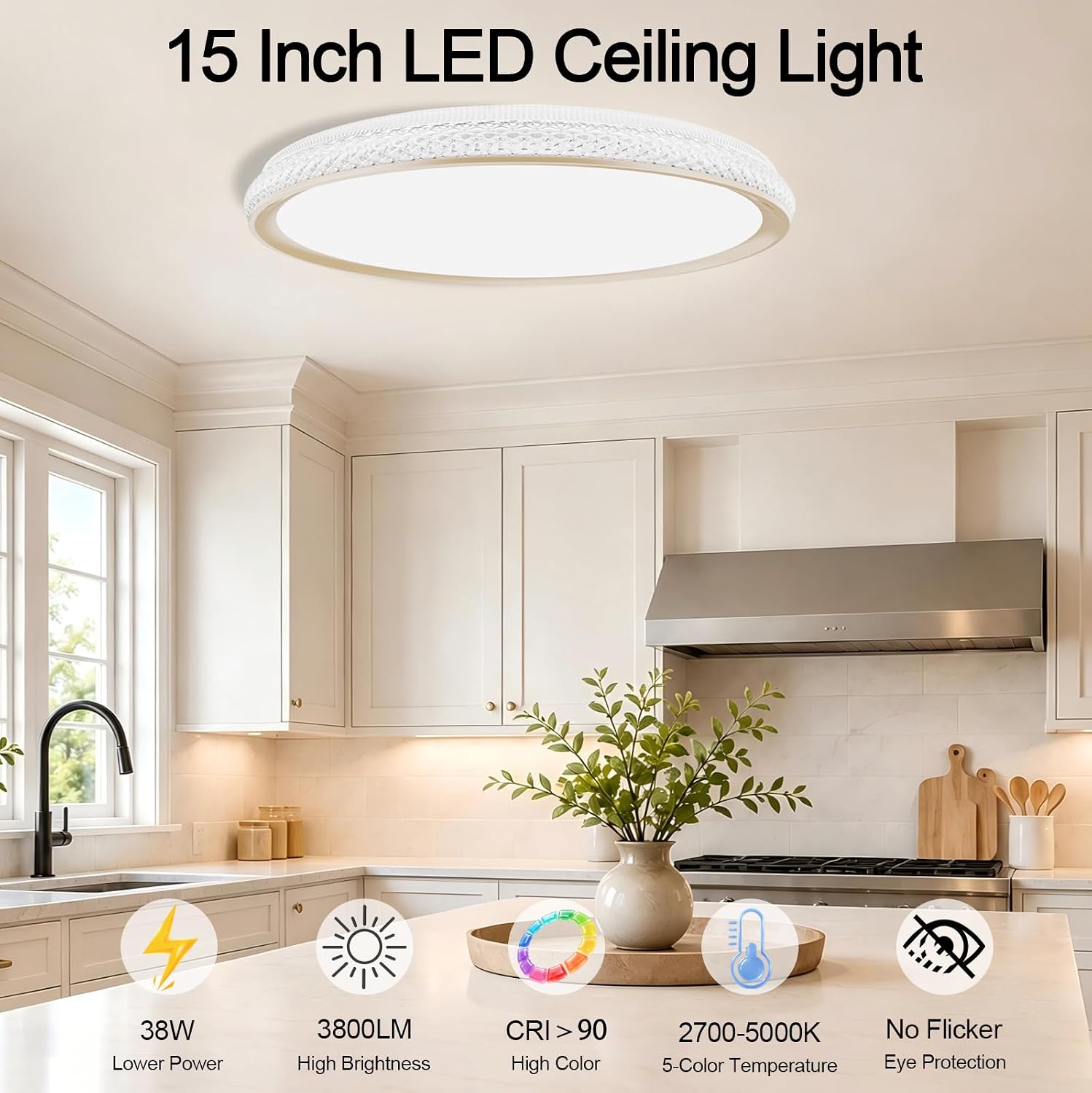 LED Flush Mount Ceiling Light, 38W 3800LM Dimmable, 15 in Low Profile, Gold | 2700K-5000K 5 Color Selectable, CRI 90+, Modern Round Close to Ceiling Light Fixtures for Kitchen Bedroom Bathroom Hallway