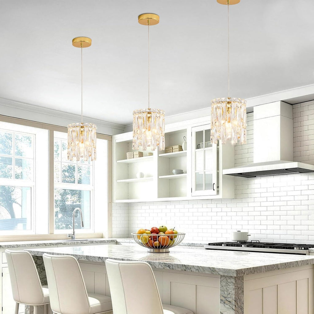 Gold Pendant Lights Kitchen Island 1 Pack Mini Crystal Chandeliers Modern Pendant Lights Ceiling Lighting Fixtures for Kitchen Island, Dining Room & Bedroom
