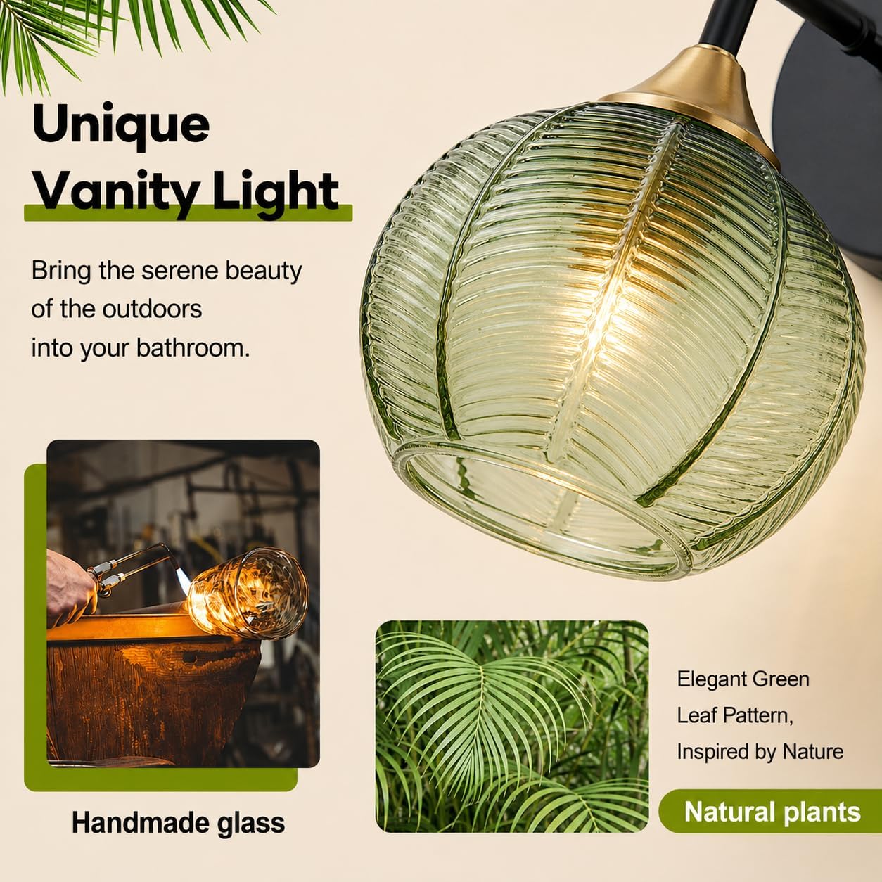 Modern Bathroom Vanity Light with Glass Shade | 3 Light Bathroom Vanity Light, Unique Leaf Texture Glass Shade, Matte Black and Glod, 23.5 Inches