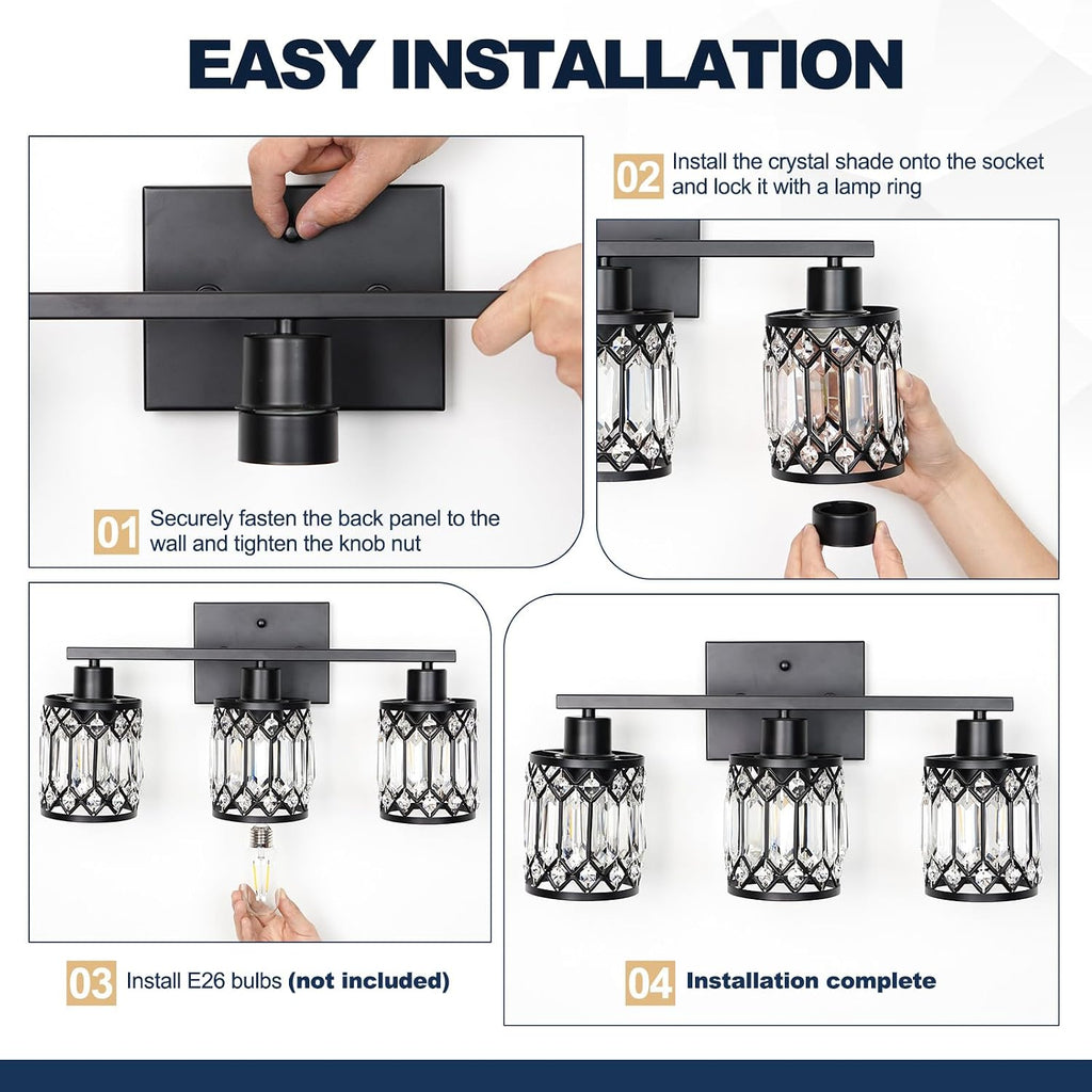 Crystal Modern Bathroom Light Fixtures, 3-Light Black Bathroom Vanity Wall Light, Vanity Lights for Mirror, Restroom, Bedroom (E26 Socket, Bulbs Not Included)