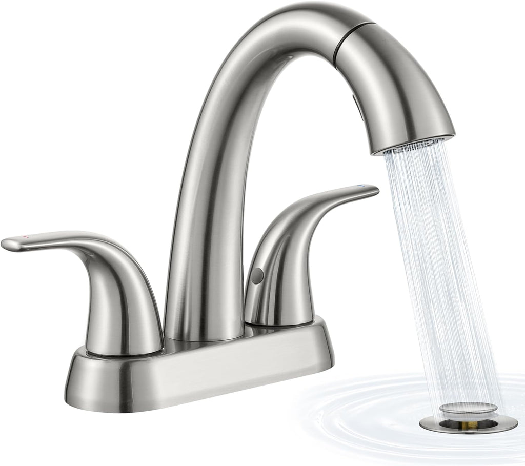 Ultimate Unicorn Pull Down Bathroom Sink Faucet, Brushed Nickel 4 Inch | Anti-Splash, Centerset Vanity Faucets 3 Hole with Pop Up Drain, Two Handle Modern Washbasin Tap Set with Sprayer for Restroom