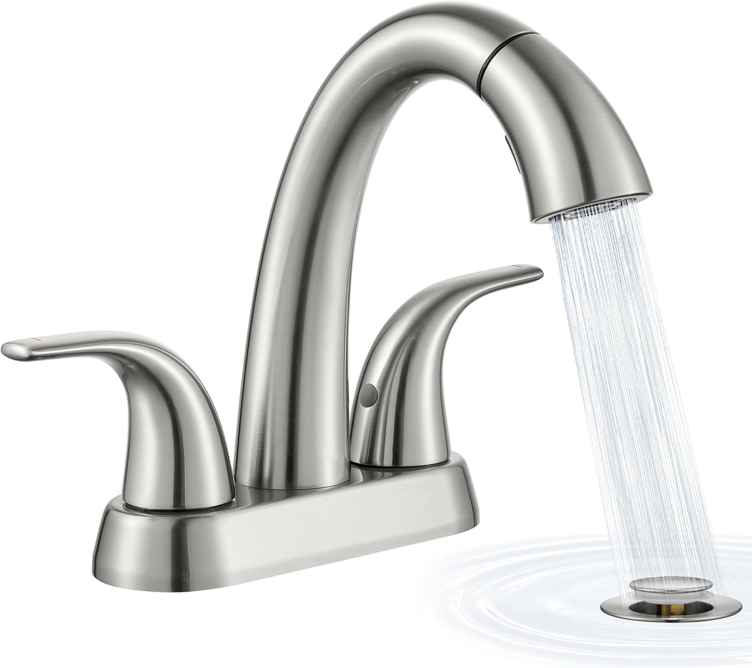 Ultimate Unicorn Pull Down Bathroom Sink Faucet, Brushed Nickel 4 Inch | Anti-Splash, Centerset Vanity Faucets 3 Hole with Pop Up Drain, Two Handle Modern Washbasin Tap Set with Sprayer for Restroom