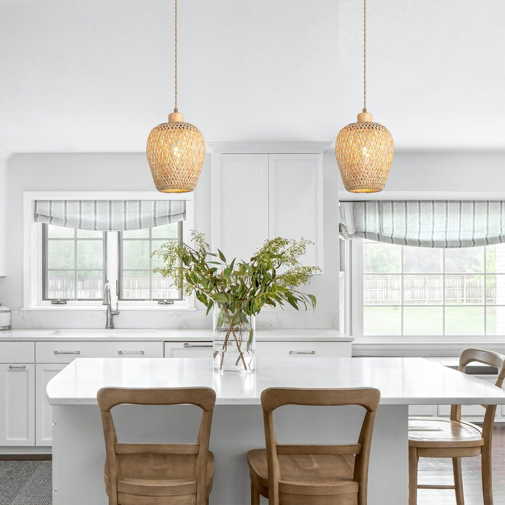 Bamboo Pendant Light Fixture One-Light Adjustable Boho Basket Handmade Woven Small Pendant Lighting for Kitchen Island Sink Bar Hallway Farmhouse
