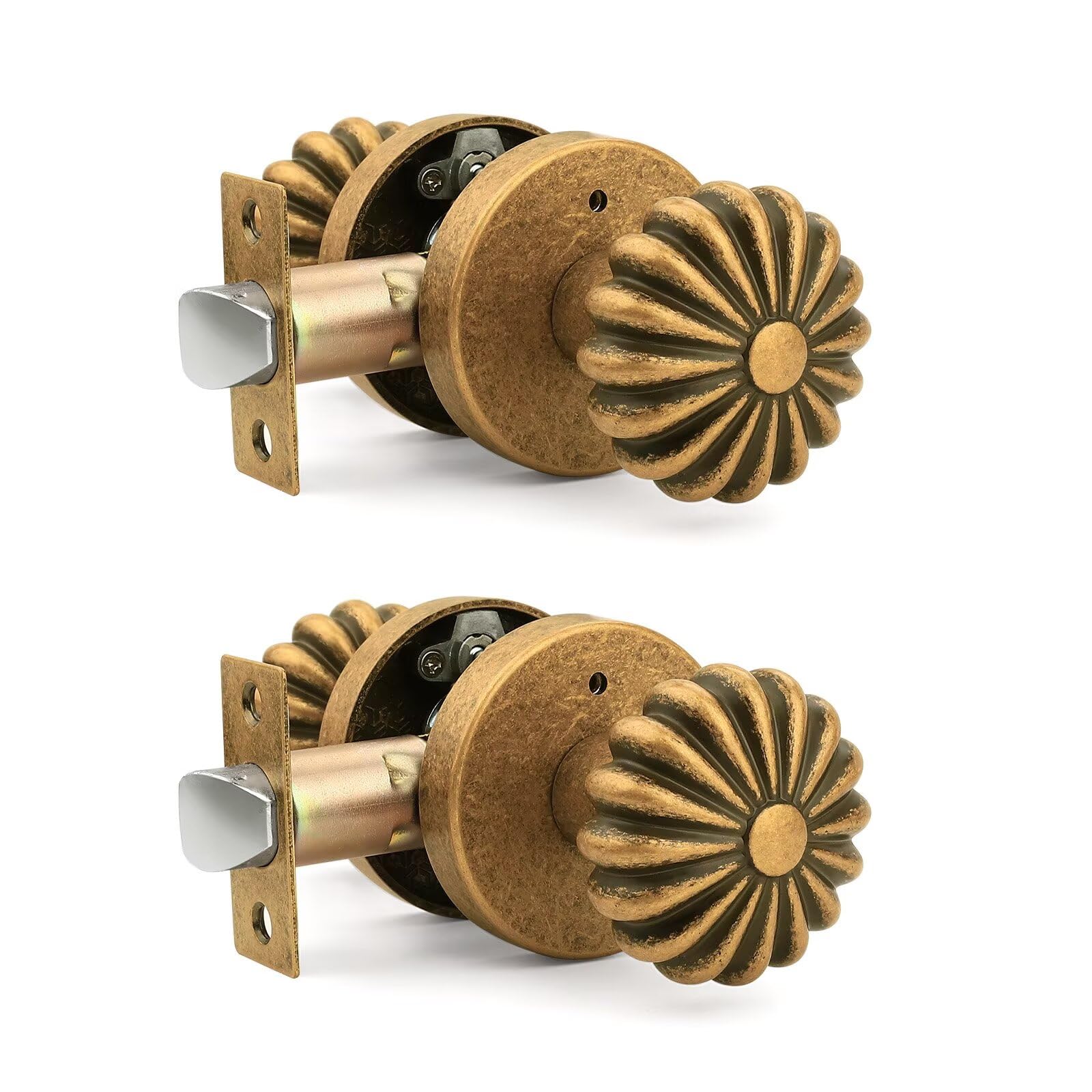1 Pack Aged Brass Passage Door Knob, Interior Closet Door Knob Without Lock, Vintage Floral Antique Brass Doorknobs