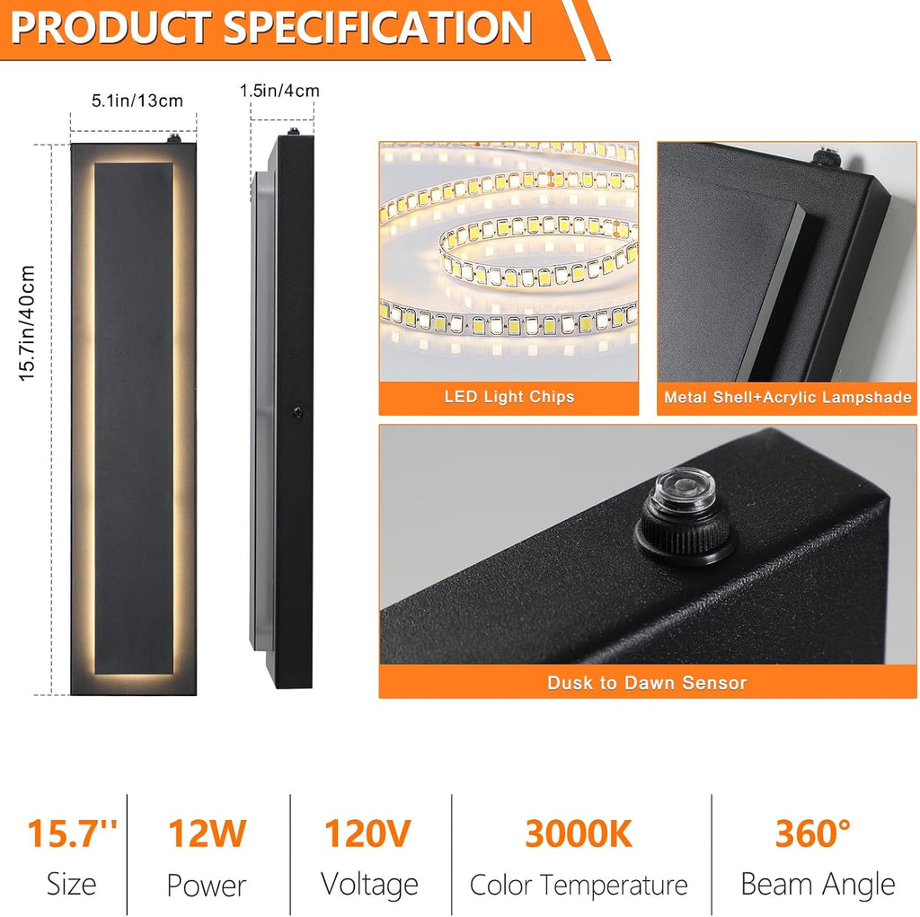 15.7'' Dusk to Dawn Outdoor Lights Modern LED Exterior Wall Lights, Black | 3000K, Built-in LED Front Porch Light Fixtures, IP65 Waterproof Hardwired Wall Sconce Outside Lighting for House Patio,1 Pack