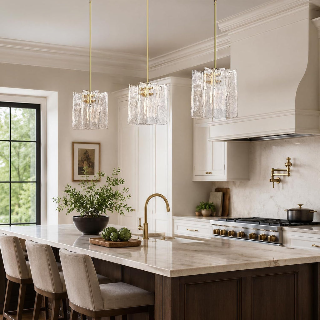 Modern Large Brass Water Ripple Glass Kitchen Pendant Light Fixtures, Gold 12 in Island Pendant Lights,Hanging Island Lights,for Bedroom, Foyer, Entryway,Dining, Bulbs Included