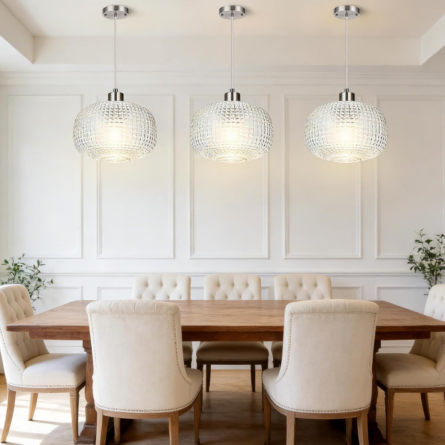 Glass Pendant Lights Kitchen Island 10" Glass Pendant Light 1 Pack | Clear Hammered Glass Shade,Brushed Nickel Metal, Adjustable Height,Island Light for Dining Room Bedroom Entryway