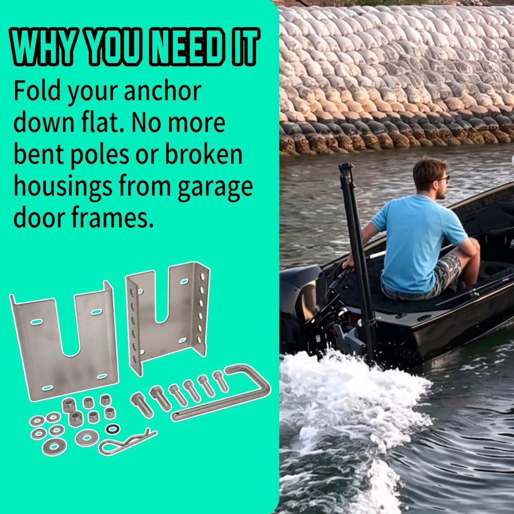 Adjustable Tilt Mount for Shallow Water Anchor for Power Pole Style | Stainless Steel Swivel Bracket, Fold Down to Prevent Garage Damage