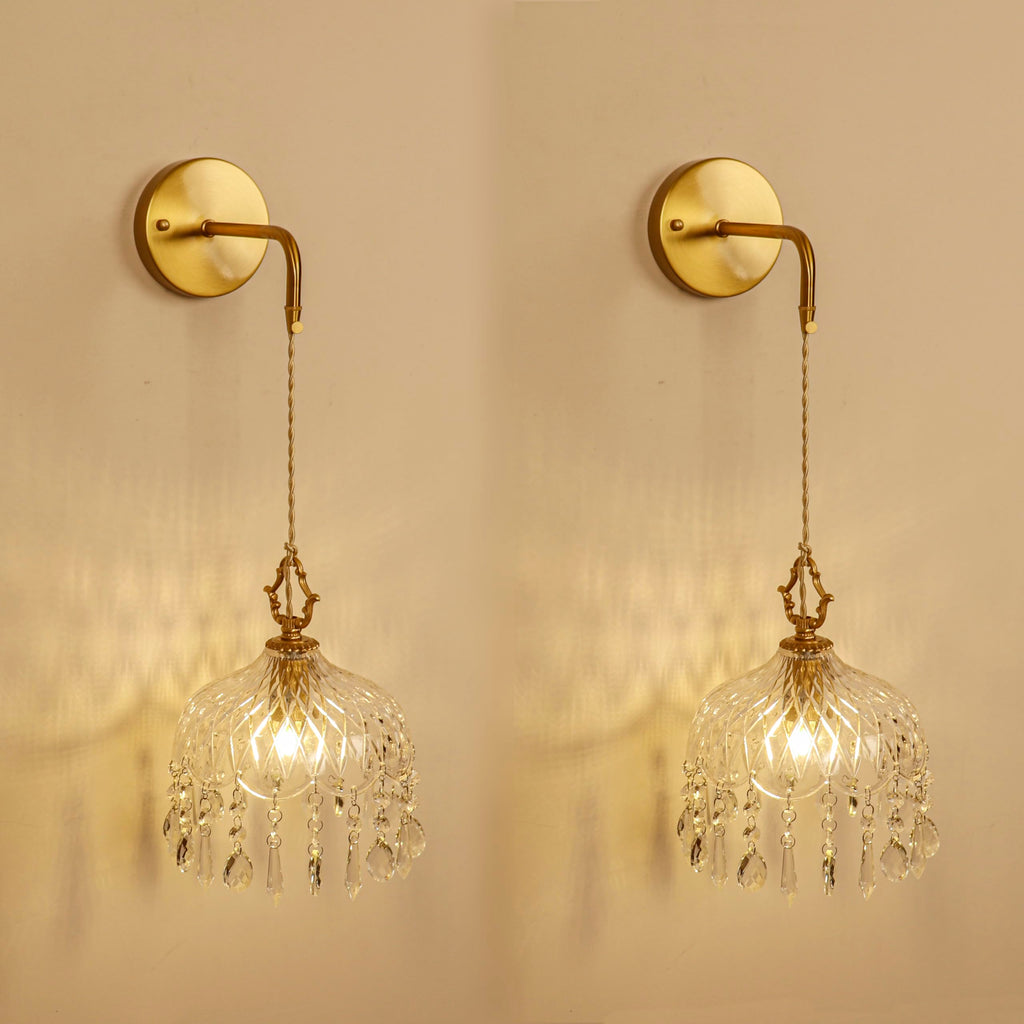 Vintage Crystal Wall Sconce, Brass Finish Pendant Light Fixture with Hanging Crystals, Elegant Diamond Cut Glass Shade (1, S)